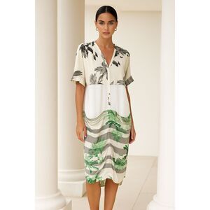 Tibi Mixed Media Palm Print Shirt Tunic Dress 6